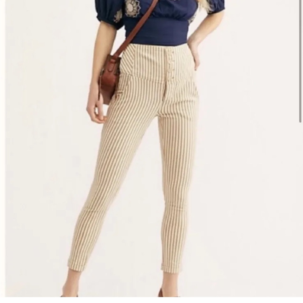 Free People Beige and White Striped High-Waist Skinny Pants